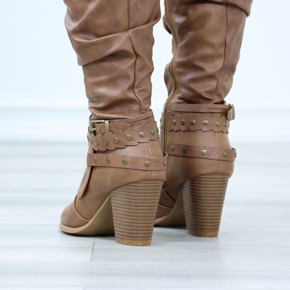 Motorcycle Heeled Boots For Rocker Biker Girls Below The Knee Tan Faux Leather - Picture 15 of 15